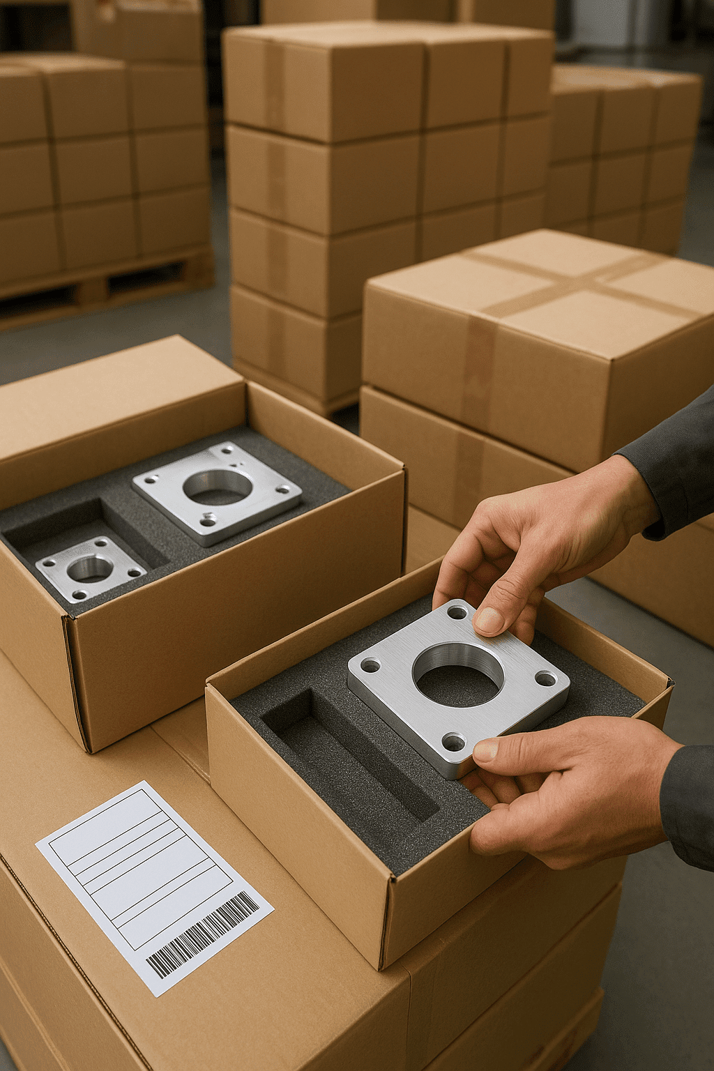 Hands placing a metal part in a cardboard box with foam padding.